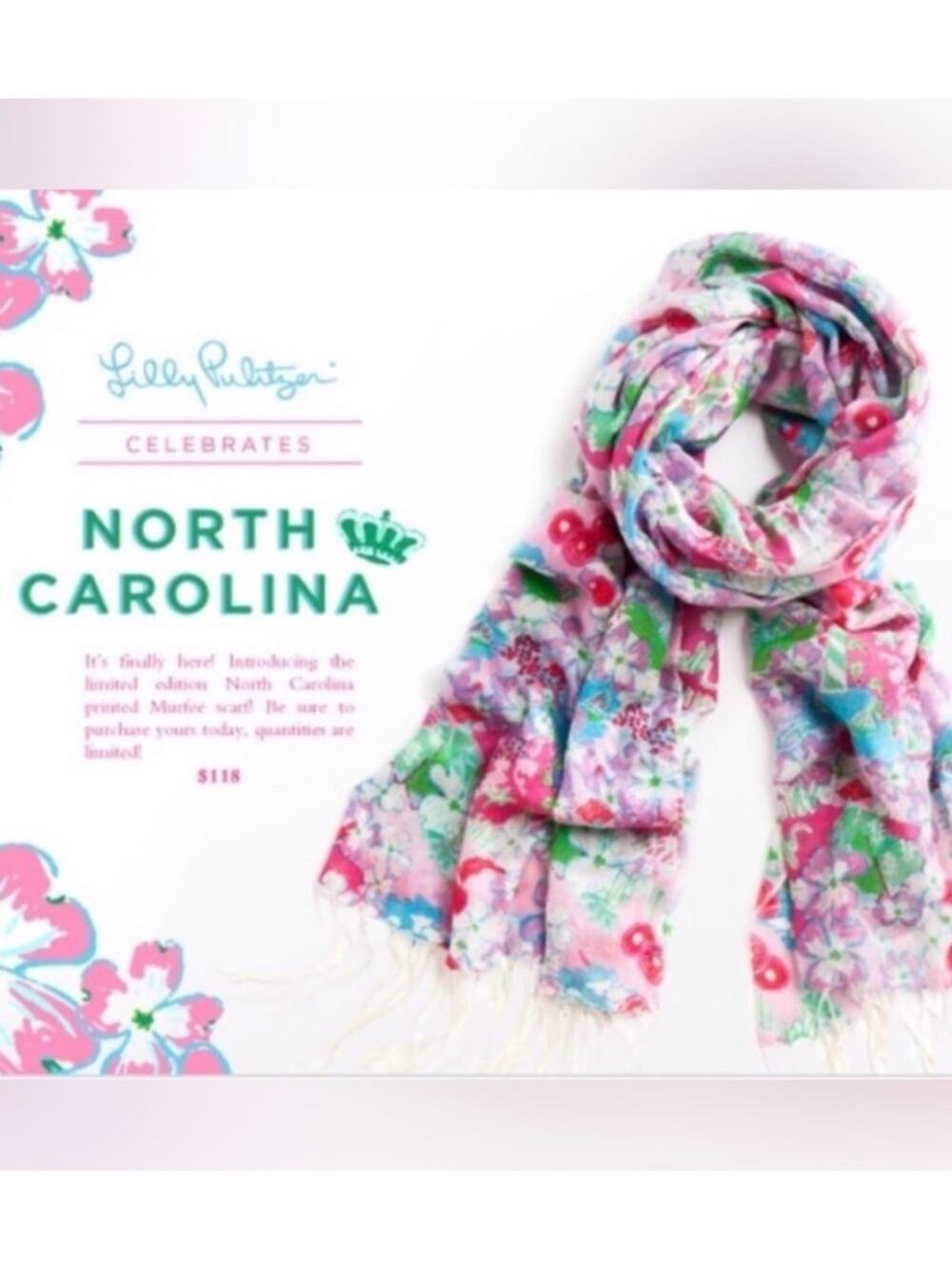 Lilly Pulitzer North Carolina NC Murfee Scarf Silk Cashmere EUC